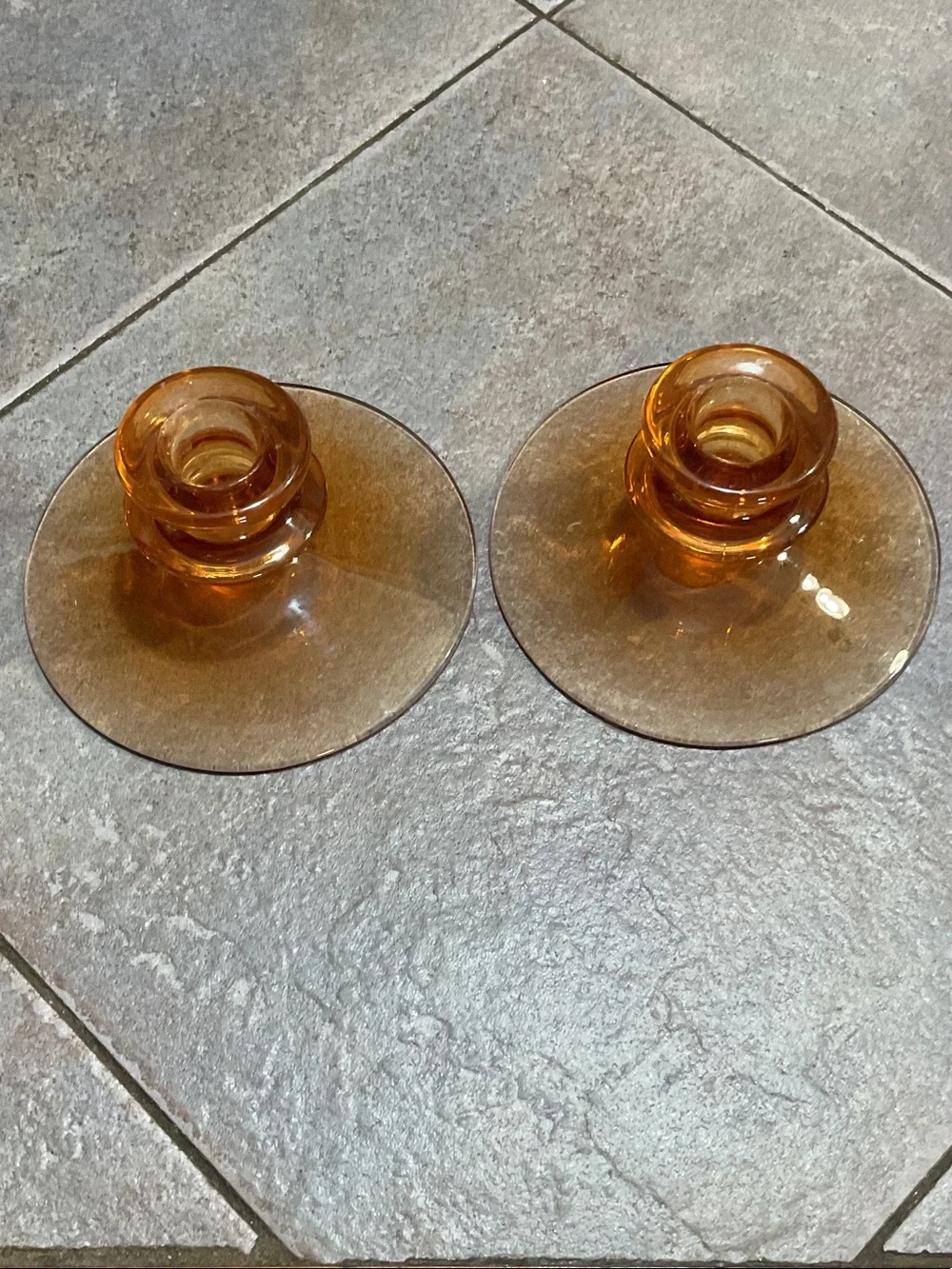 Pair of Amber Glass Candle Holders - Retro Amber Accent